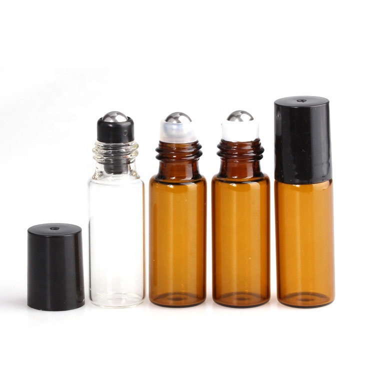 Empty Round Small Glass Amber Bottle 1ml Roller Container Frosted Black 10ml Essential Oil Ball Perfume Bottle