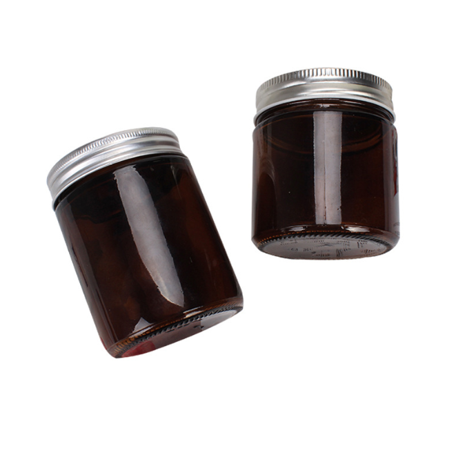Empty Round Straight Sided 4oz Amber Glass Jars With Plastic Metal Lid Bulk