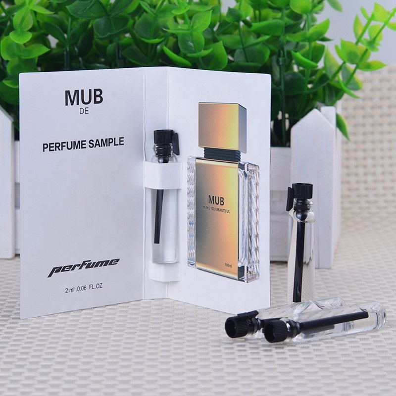Empty Sample Tester 1ml 2ml 3ml Mini Bottle Clear Glass Vial Spray Perfume Oil Tube with Plastic Stick Custom Paper Card Packing