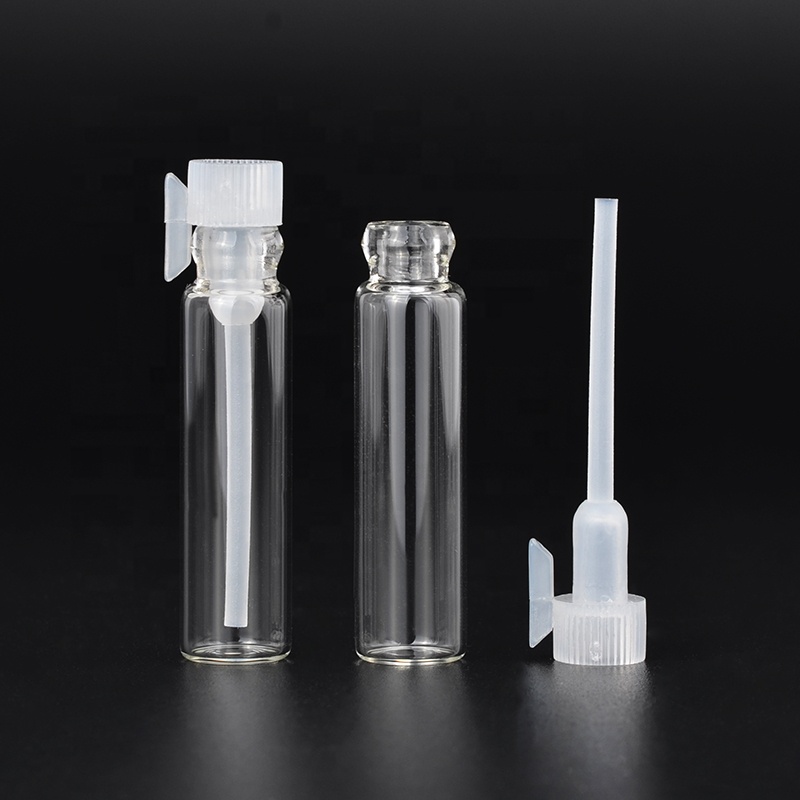 Empty Sample Tester 1ml 2ml 3ml Mini Bottle Clear Glass Vial Spray Perfume Oil Tube with Plastic Stick Custom Paper Card Packing