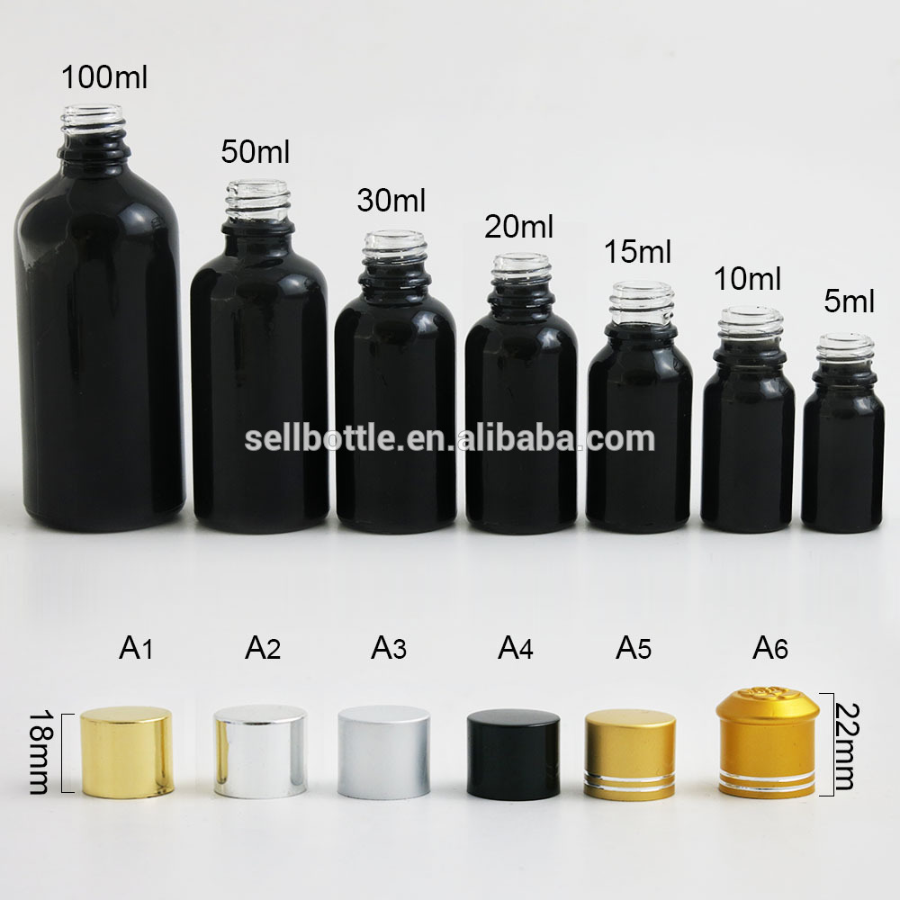 Empty Shinny Black Body Oil Glass Bottle With Gold/Silver/Black Screw Cap 5ml 10ml 15ml 20ml 30ml 50ml 100ml container