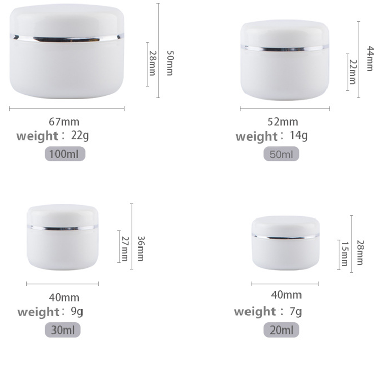 Empty Skin Care Packaging Container Jar for Creams 20g 30g 50g 100g 150g 250g White PP Plastic Cream Jars with Silver Circle