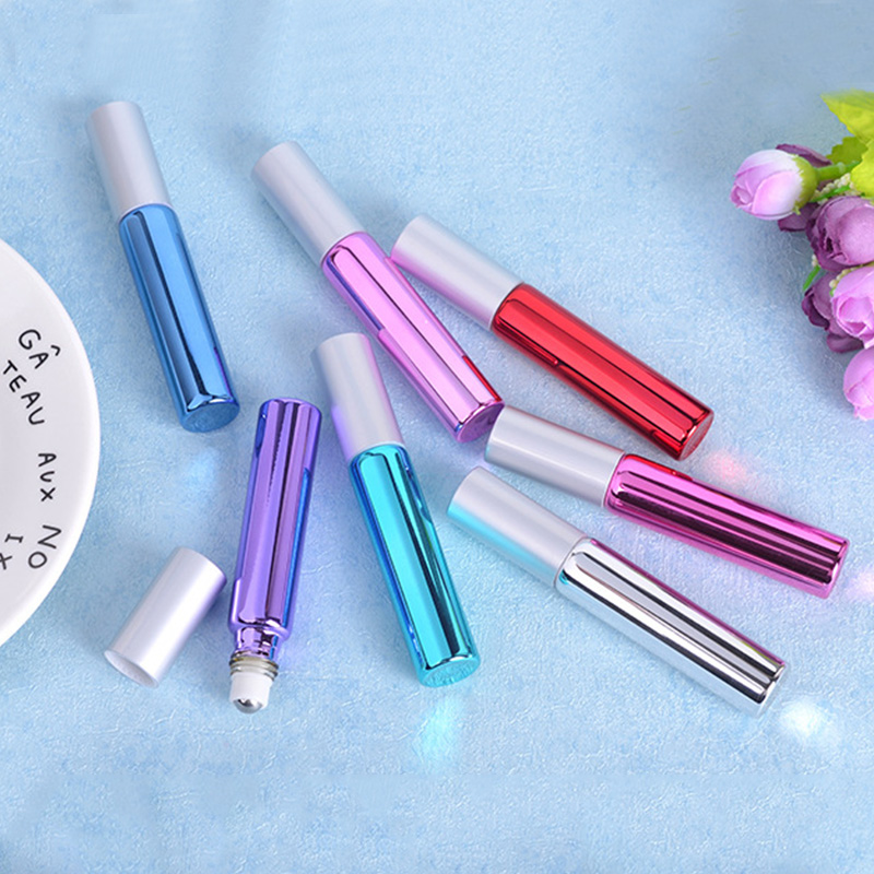 Empty Small Color Blue Purple Pink Cosmetic Essential Oil Glass Roll On Perfume Bottle 10ml