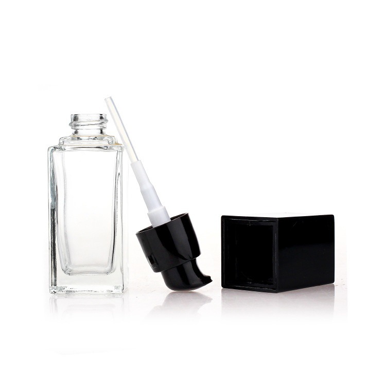 Empty Square 30ml Liquid Foundation Cosmetic Packaging Clear Frosted Luxury Pump Glass Bottle