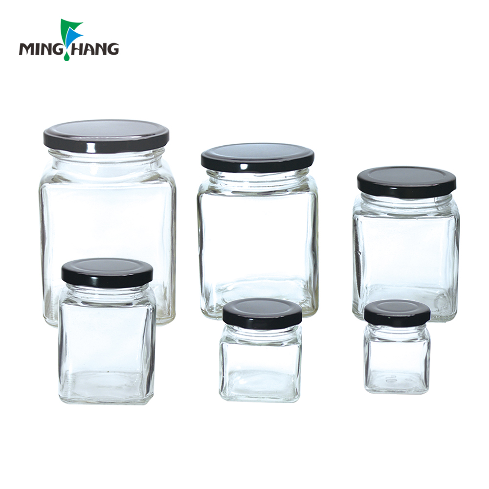 Empty Square Honey Jar Storage Chili Sauce Glass Mason Jar for Jam and Jelly with Tin Lid
