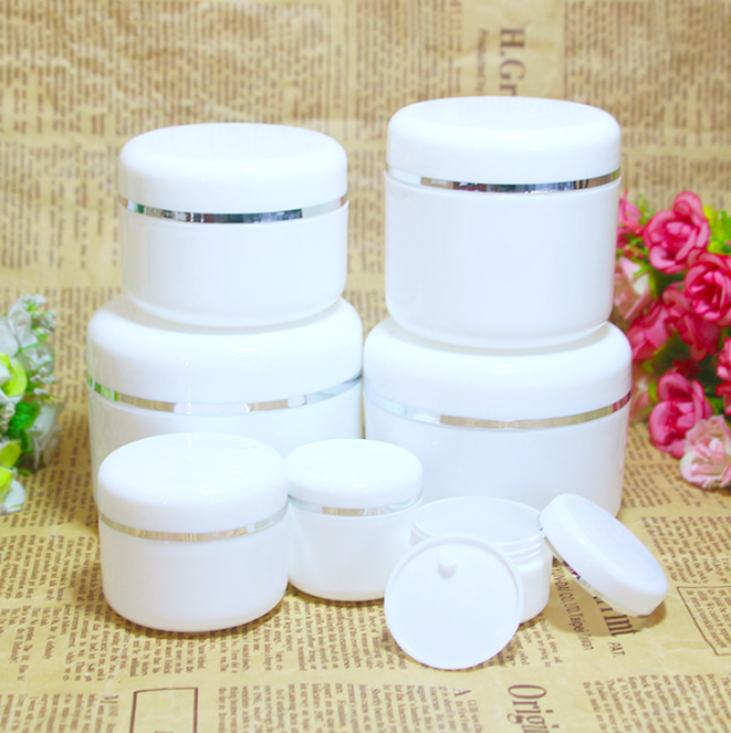 Empty White Silver Edge Portable Refillable Plastic Cosmetic Makeup Face Cream Jar