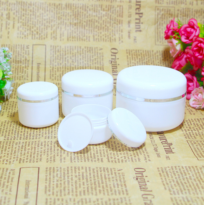 Empty White Silver Edge Portable Refillable Plastic Cosmetic Makeup Face Cream Jar