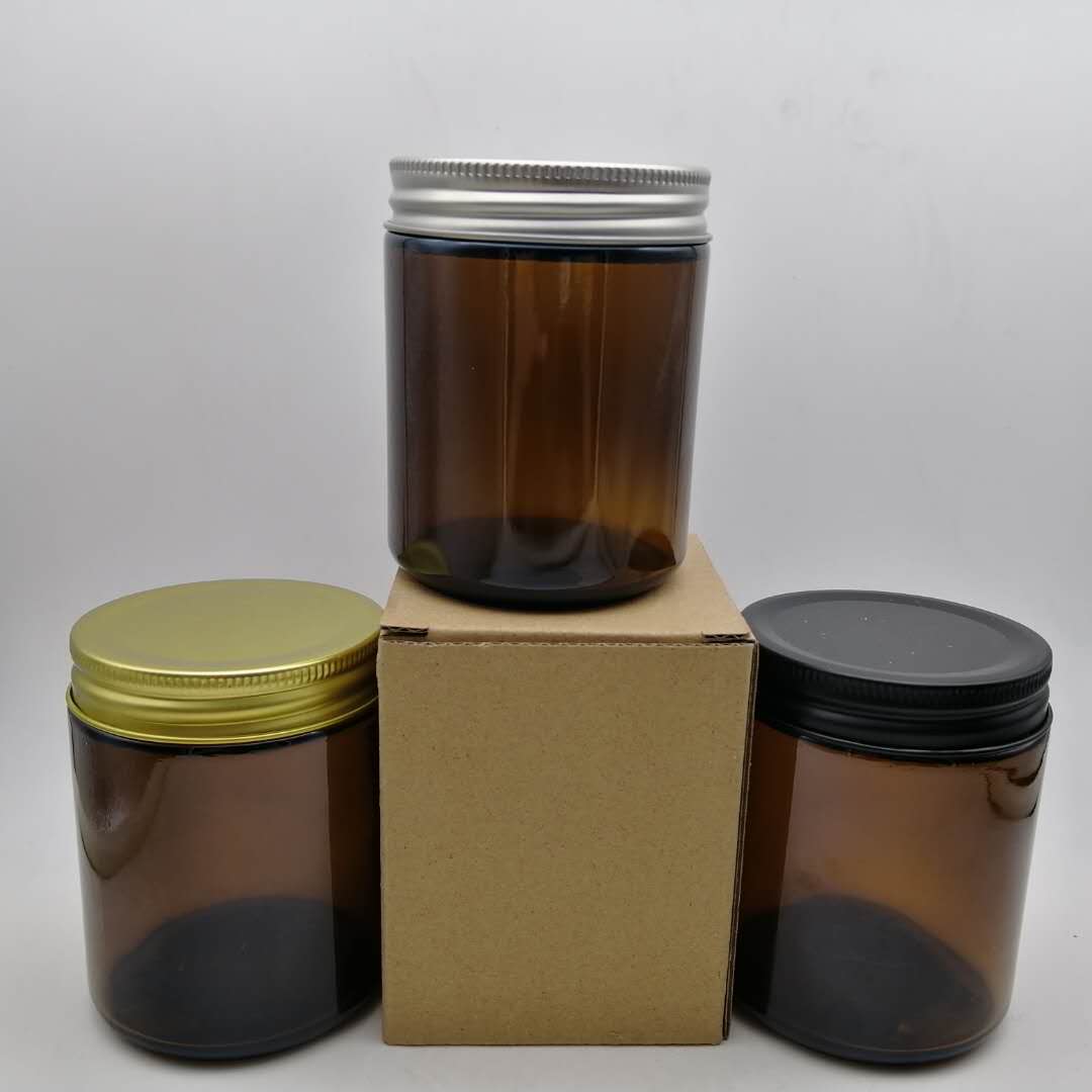 Empty amber brown 8oz mason glass candle jar containers for candle making with rose gold lid