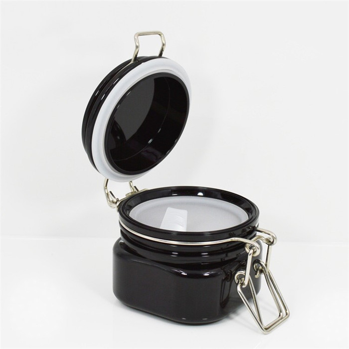 Empty black 220ml pyramid plastic pet airtight seal pot kiner jar for bath salt and seaweed mud packaging