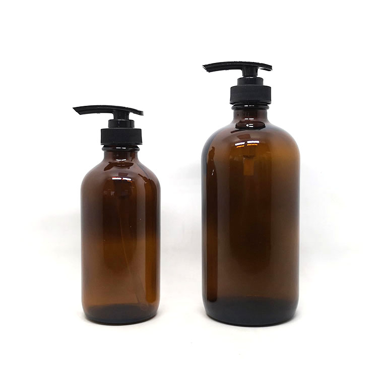 Empty brown lotion cream packaging 8 oz amber boston glass bottle 250ml with black spray pump cap