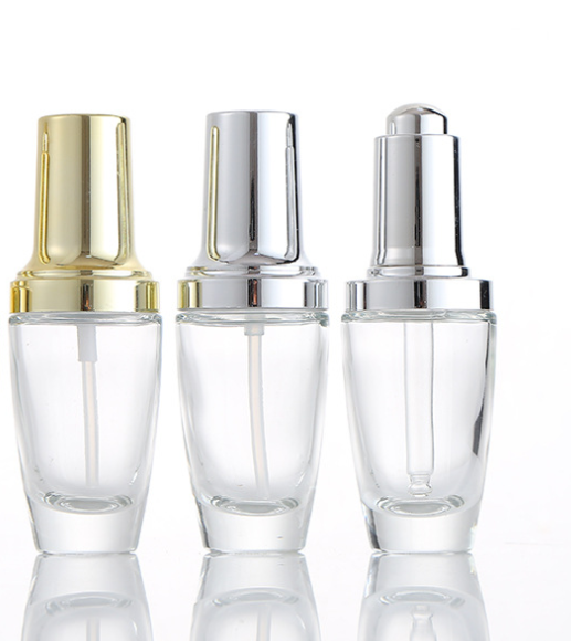 Empty clear 30ml facial serum dropper bottle cosmetic foundation bottle with gold silver dropper cap