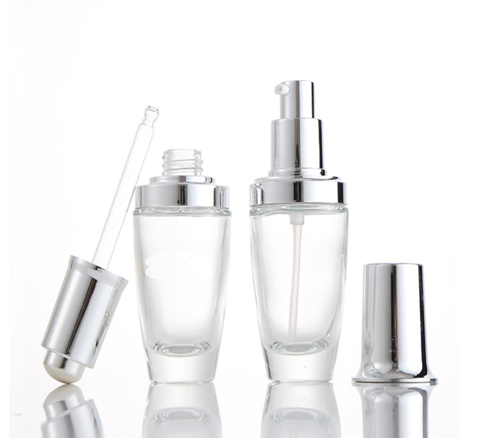 Empty clear 30ml facial serum dropper bottle cosmetic foundation bottle with gold silver dropper cap
