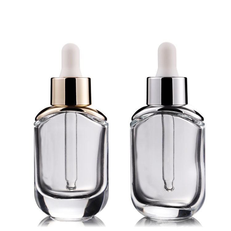 Empty clear 30ml facial serum dropper bottle cosmetic foundation bottle with gold silver dropper cap