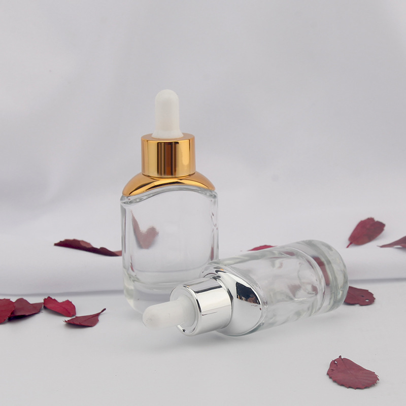 Empty clear 30ml facial serum dropper bottle cosmetic foundation bottle with gold silver dropper cap