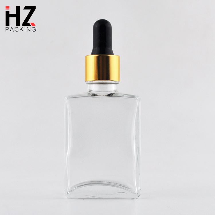 Empty clear black matte frosted flat shoulder square rectangle glass dropper bottle 30ml 60ml 2oz