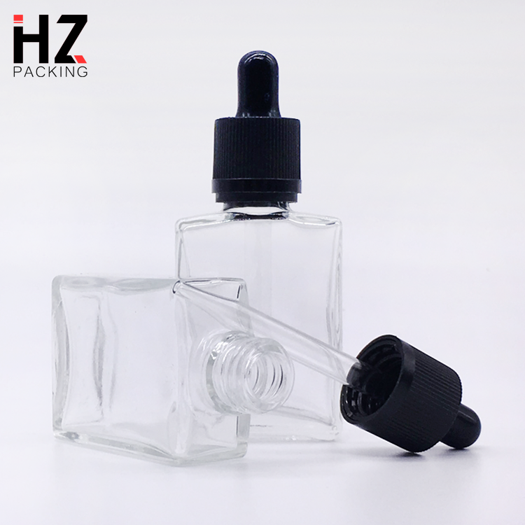 Empty clear black matte frosted flat shoulder square rectangle glass dropper bottle 30ml 60ml 2oz