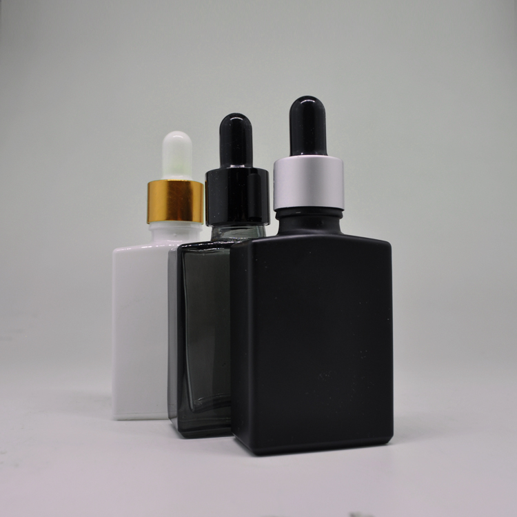 Empty clear black matte frosted flat shoulder square rectangle glass dropper bottle 30ml 60ml 2oz
