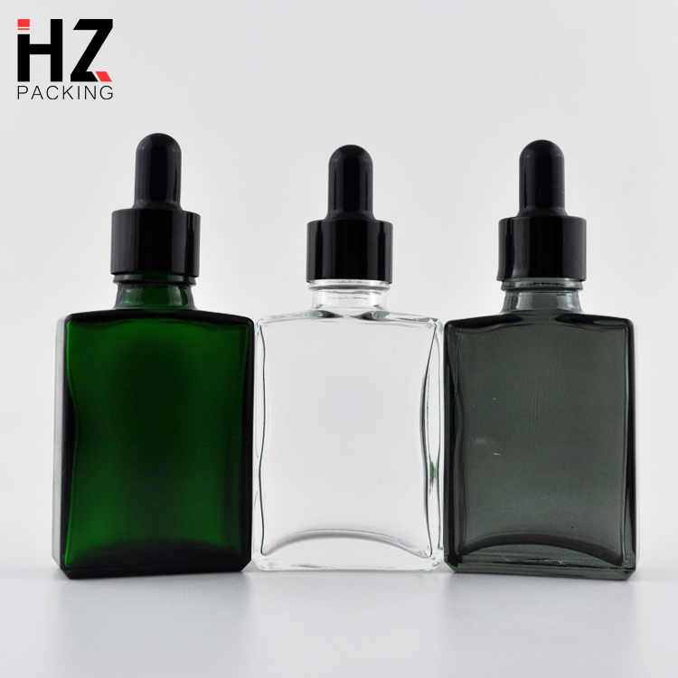 Empty clear black matte frosted flat shoulder square rectangle glass dropper bottle 30ml 60ml 2oz