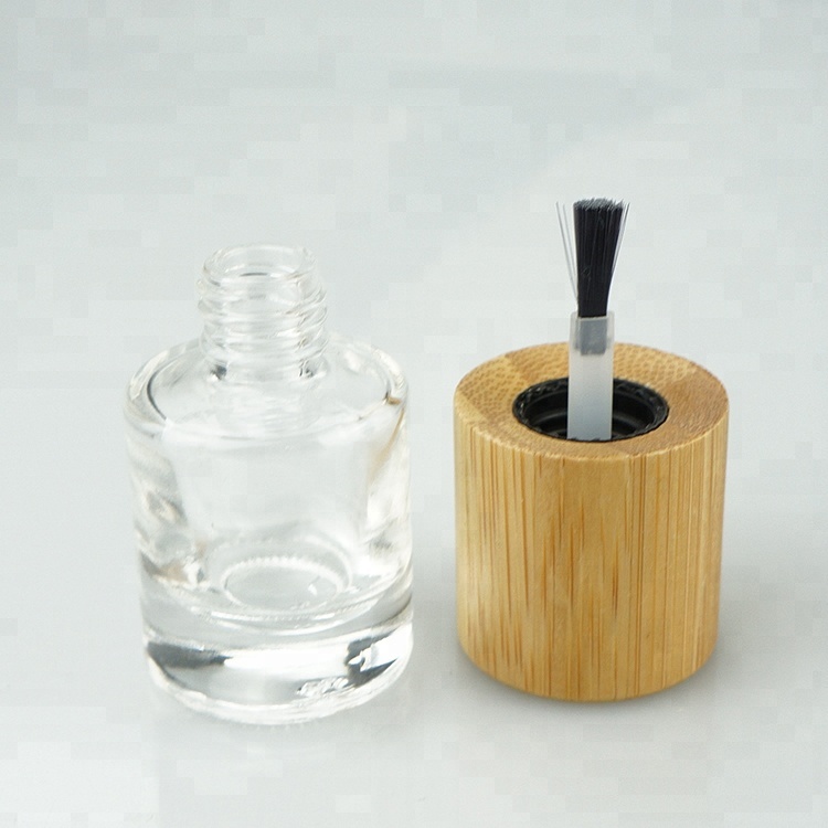 Empty clear custom made nail polish glass bottle unique design wholesale with flat brush and long wood nail polish round cap