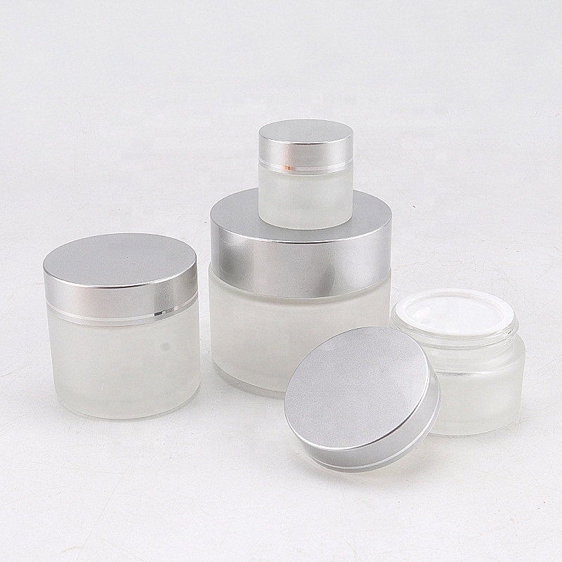 Empty clear frosted glass cream jar with alumite lid glass bottle for cosmetic packaging