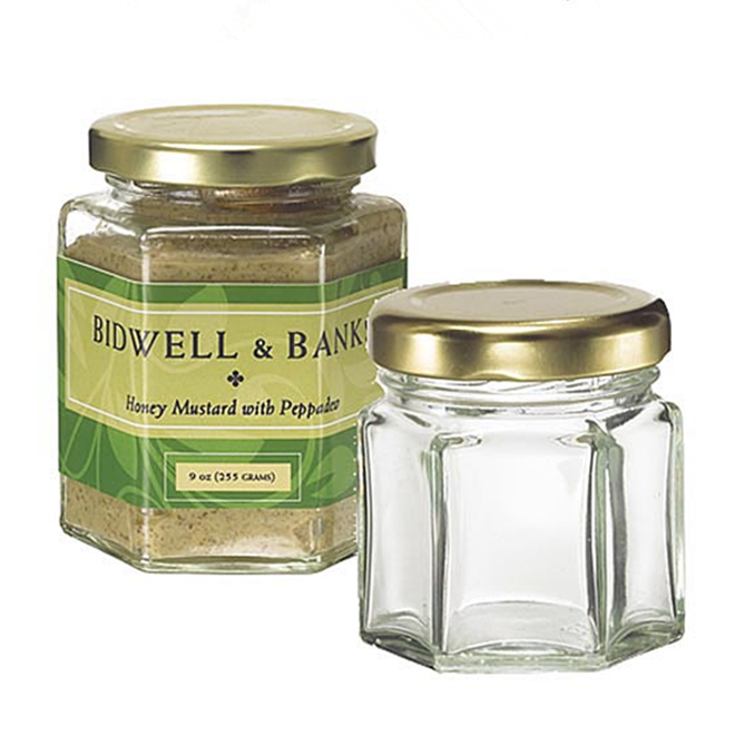Empty clear small mini 45ml hexagonal honey glass container jam jars glass pot with metal lid wholesale