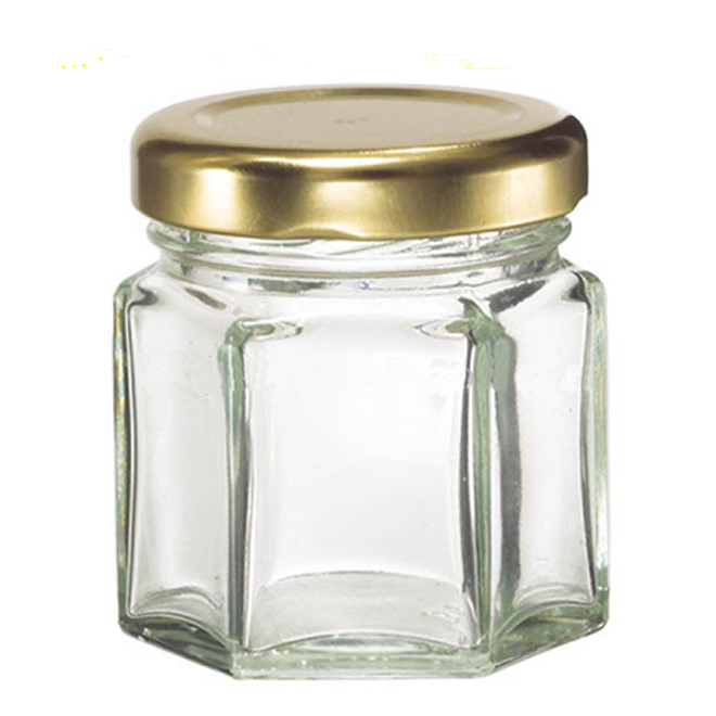 Empty clear small mini 45ml hexagonal honey glass container jam jars glass pot with metal lid wholesale