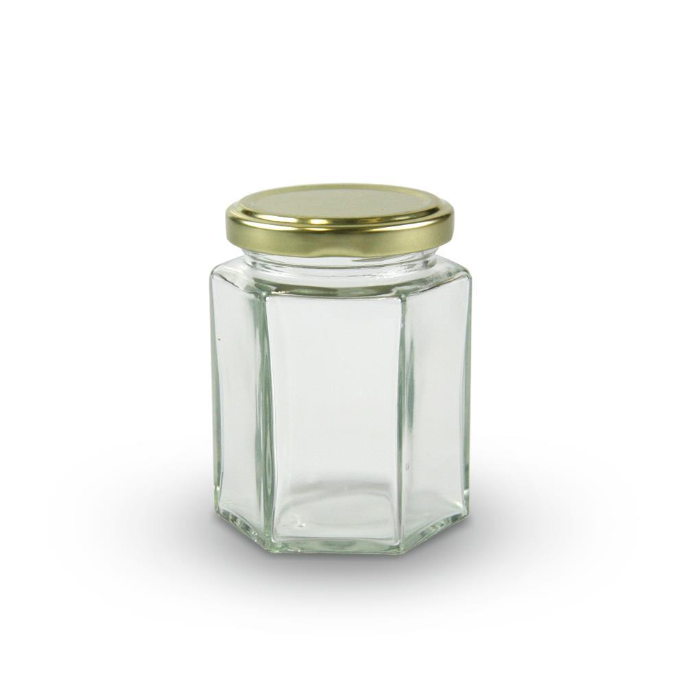 Empty clear small mini 45ml hexagonal honey glass container jam jars glass pot with metal lid wholesale