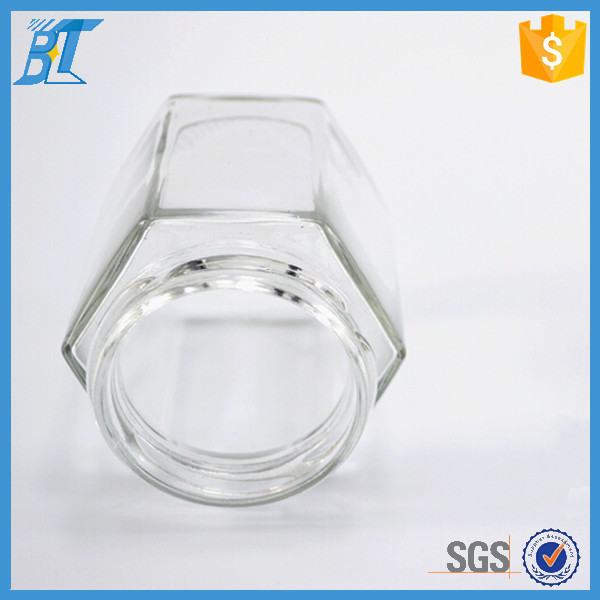 Empty clear small mini 45ml hexagonal honey glass container jam jars glass pot with metal lid wholesale