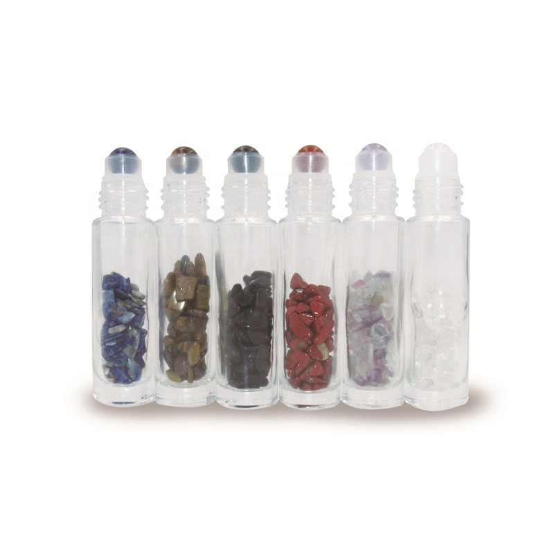 Empty cosmetic attar essential oil packaging 10ml clear glass gemstone roller bottles with bamboo lid