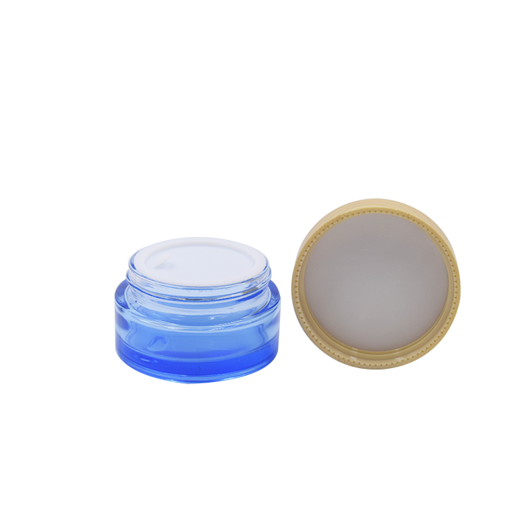 Empty cosmetic packaging 20g 30g 50g factory price high quality flat shoulder clear blue round glass jar with plastic lid