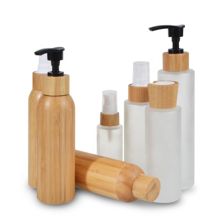 Empty cosmetic packaging set 30ml 50ml 100ml 120ml 150ml glass cream lotion serum bamboo cosmetic bottles and jars