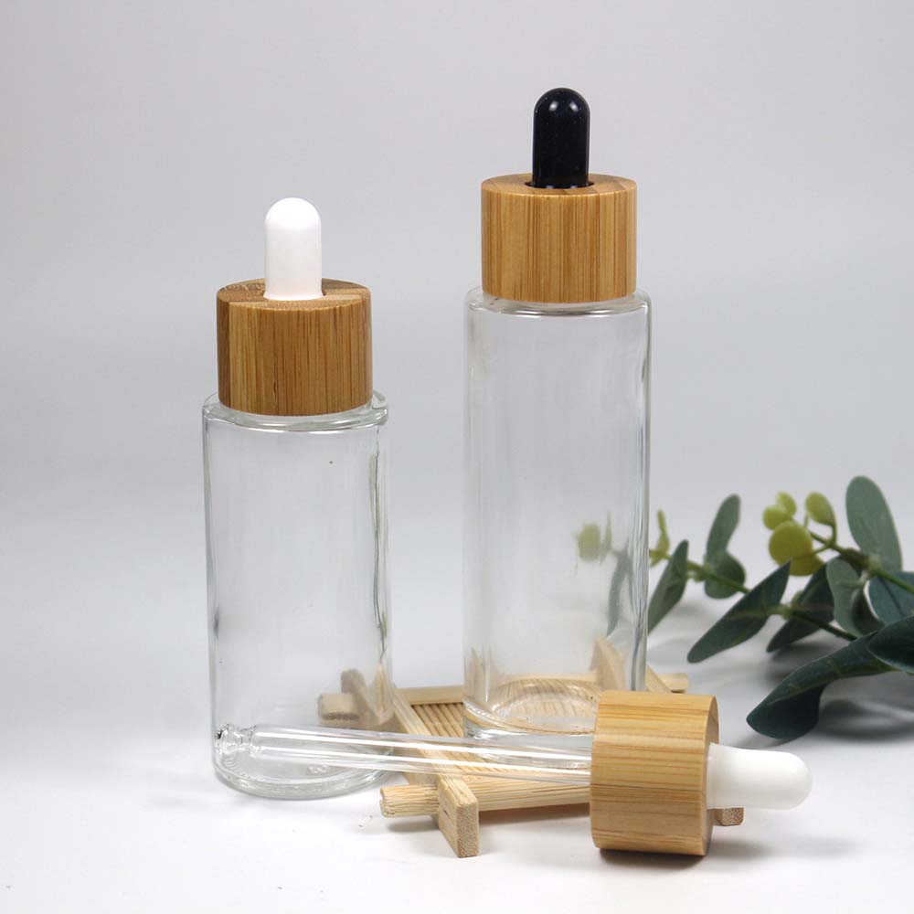 Empty cosmetics Packaging Container 60ml Eco Friendly Bamboo Cover clear Glass Dropper Bottle