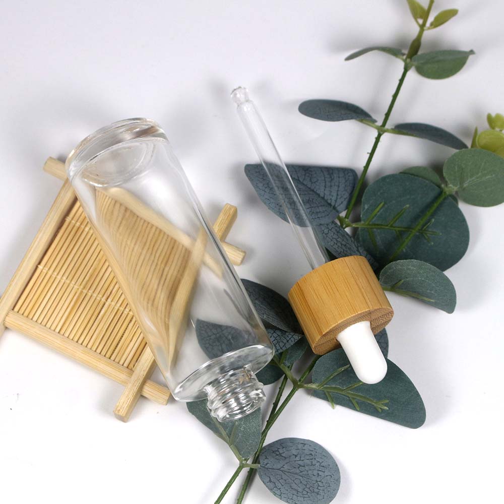 Empty cosmetics Packaging Container 60ml Eco Friendly Bamboo Cover clear Glass Dropper Bottle