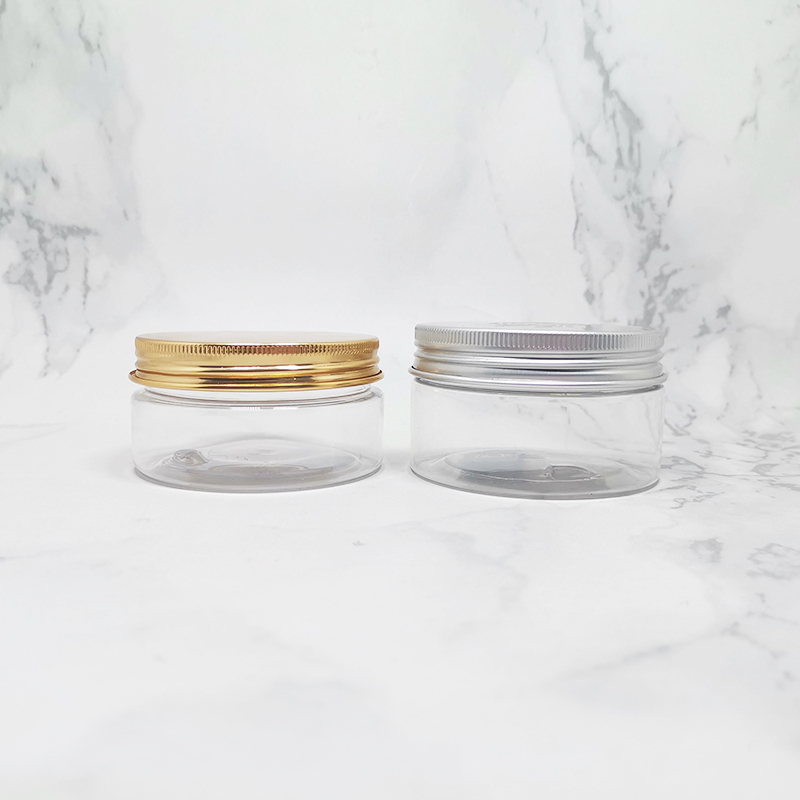 Empty cosmetics containers and body butter packaging 5 oz 6 oz 8 oz 10 oz 12 oz 16 oz plastic jars with gold lids