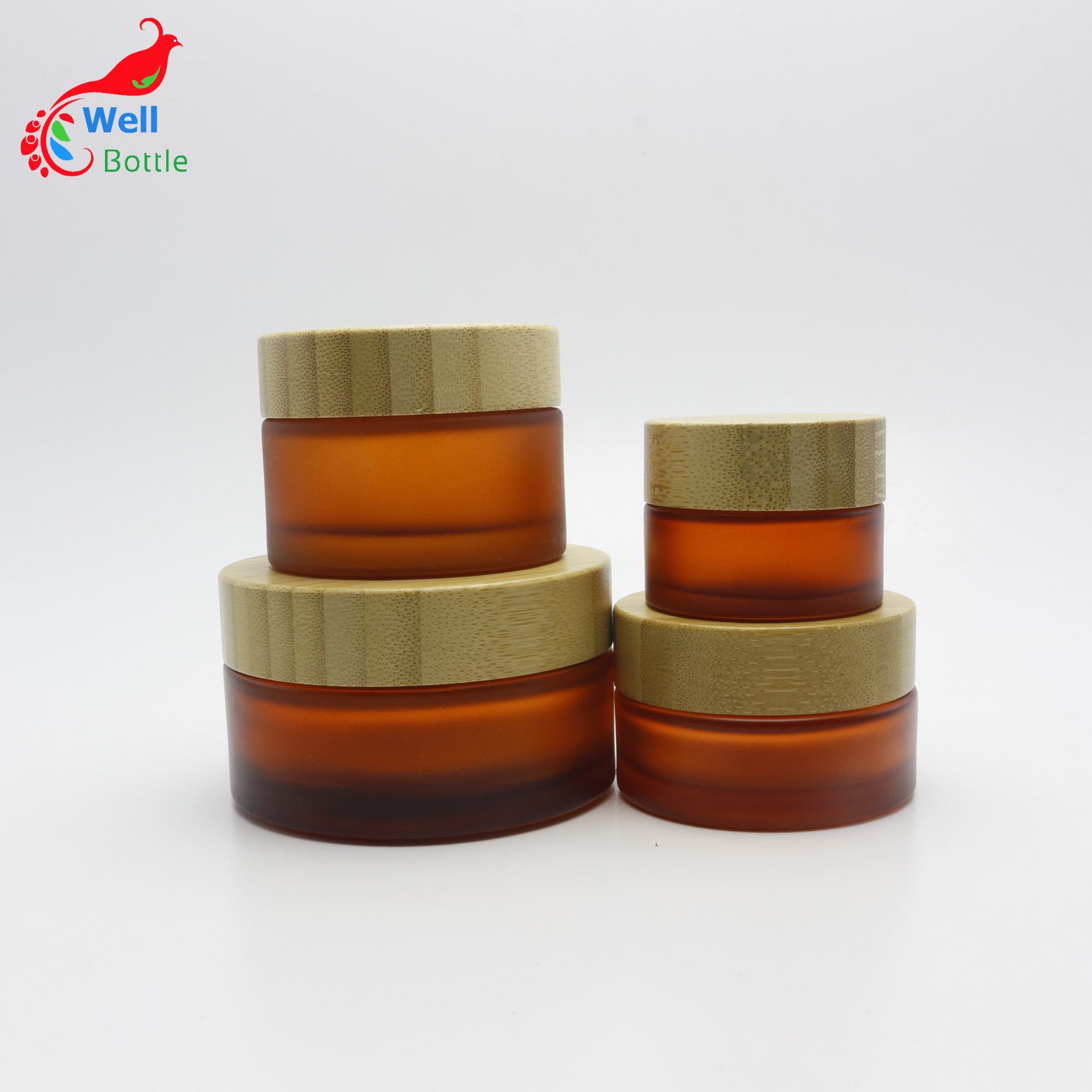 Empty cosmetics packing 5ml frosted amber custom glass jar bamboo lid with engraving logo J073E