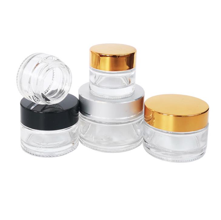 Empty custom 15g 30g 50g 2 oz 100ml beauty jar glass with UV gold silver lid