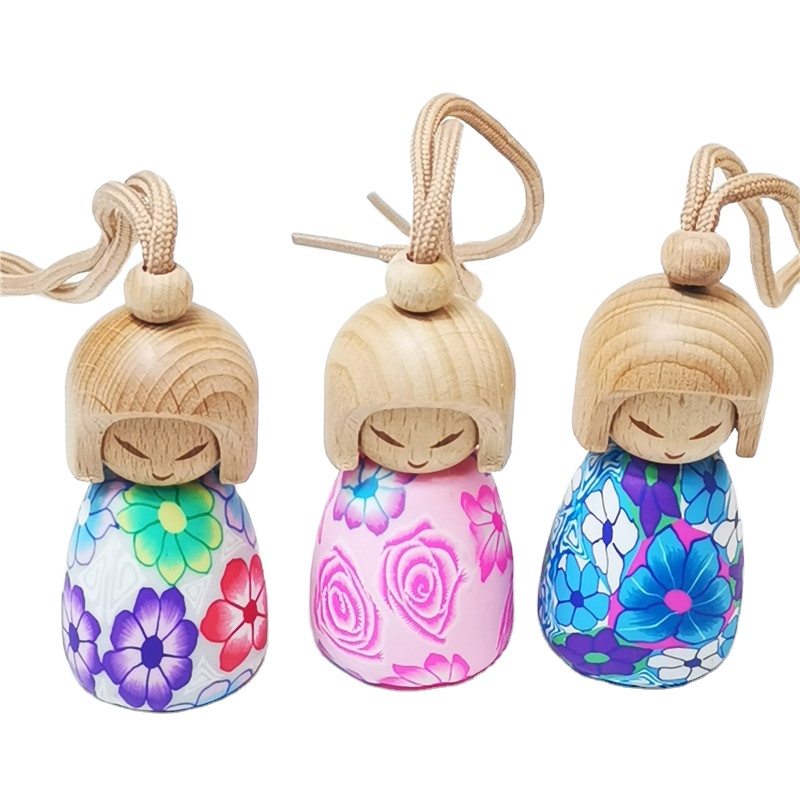 Empty cute doll 10ml car hanging essential oil air freshener perfume bottle Perfume Diffuser Bottle With Wooden Cap