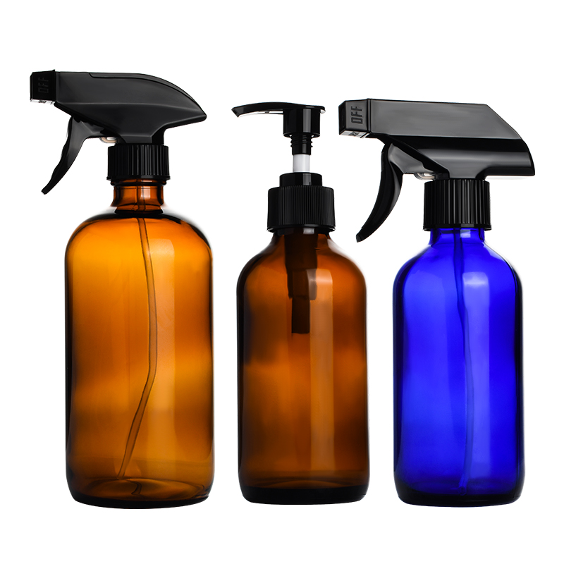 Empty essential oil Boston 8oz 16oz 250ml 500ml clear blue amber glass spray bottles