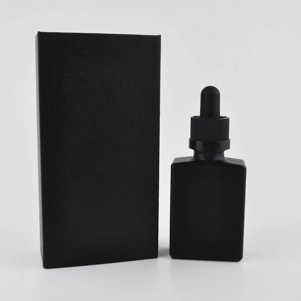 Empty essential oil black frosted 30ml square glass dropper bottle with gift box packaging luxury