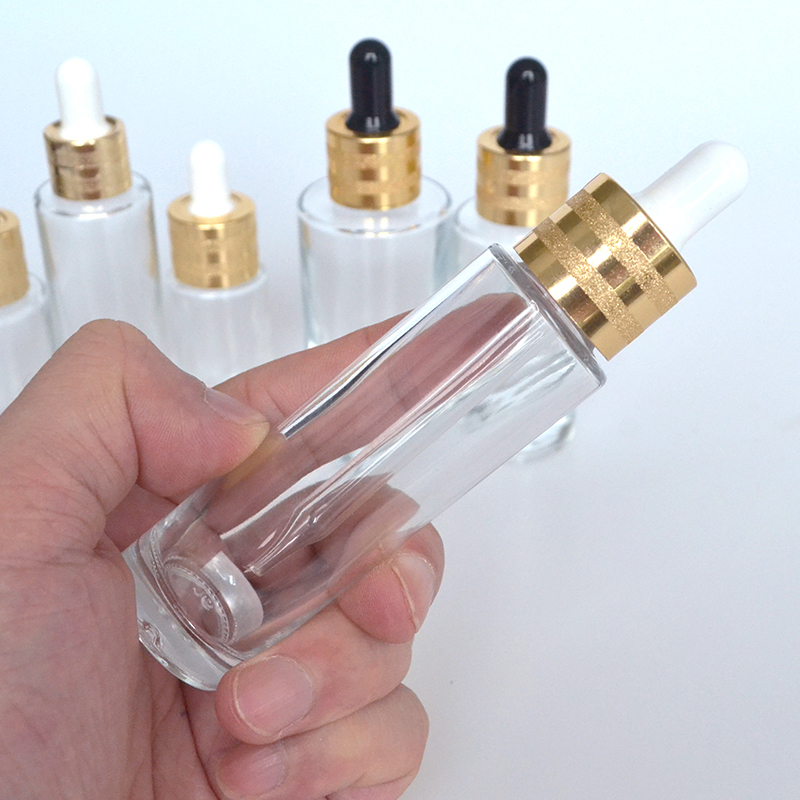 Empty essential oil serum flat shoulder clear glass dropper bottle 20ml 30ml 50ml 100ml