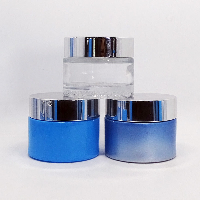 Empty face cream cosmetic packaging luxury thick bottom 50ml 50 gram gradient blue glass jar