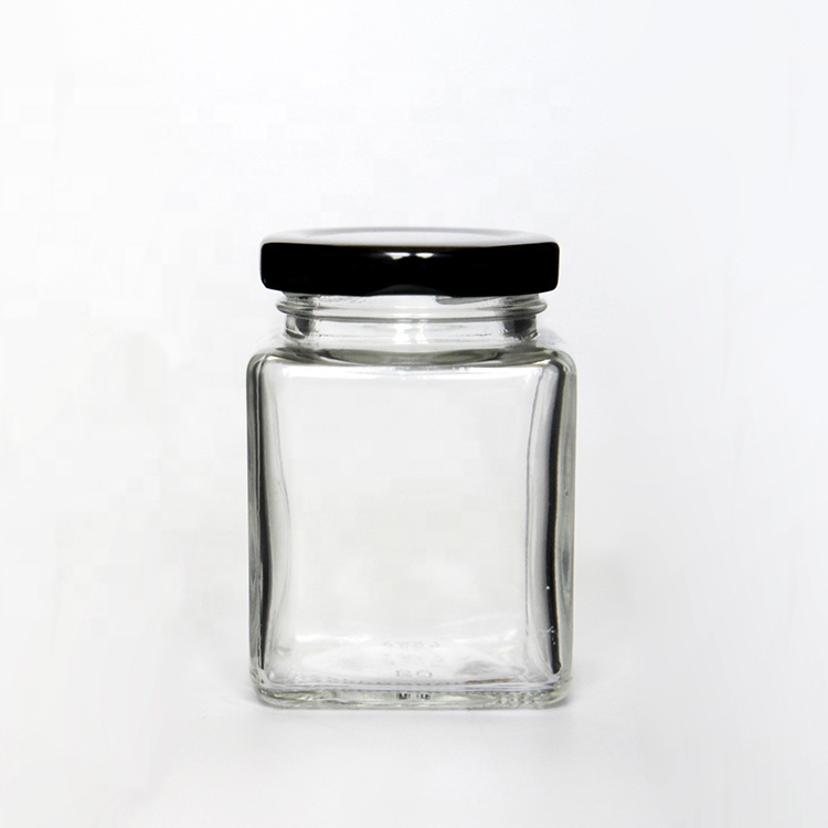 Empty family size square glass honey jar jam jar pickles canning jar with screw metal black or golden cap