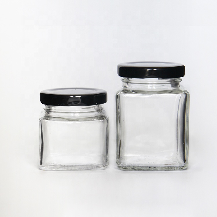 Empty family size square glass honey jar jam jar pickles canning jar with screw metal black or golden cap
