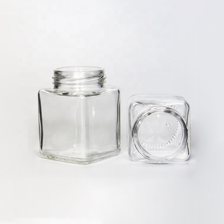 Empty family size square glass honey jar jam jar pickles canning jar with screw metal black or golden cap