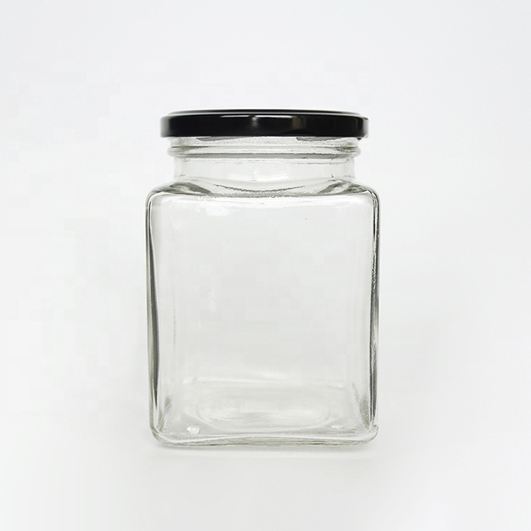 Empty family size square glass honey jar jam jar pickles canning jar with screw metal black or golden cap