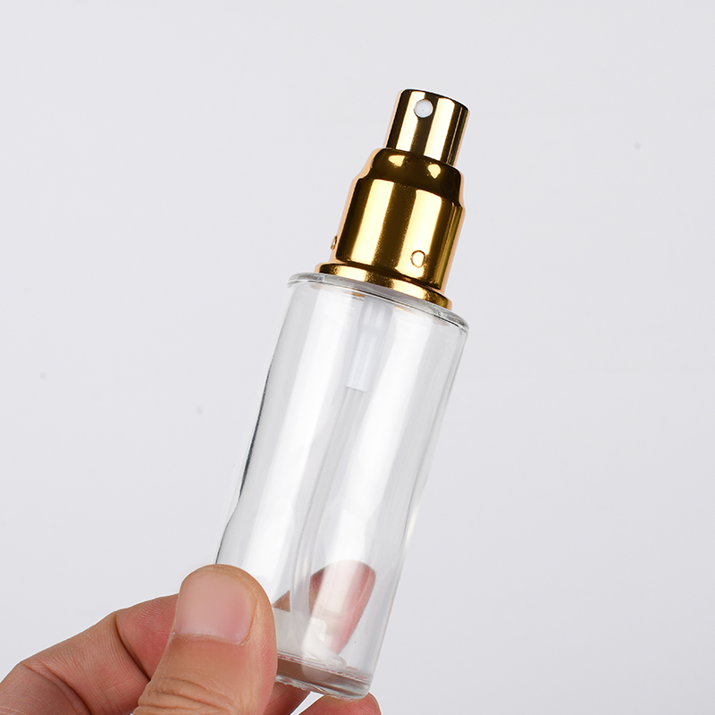Empty flat shoulder 20ml 30ml 40ml 50ml 60ml 80ml 100ml 120ml frosted clear glass bottle with aluminum pump sprayer