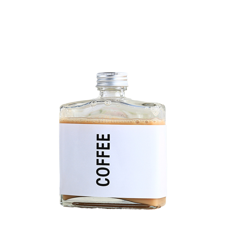 Empty flat square clear or frosted glass coffee wine beverage bottle with aluminum cover