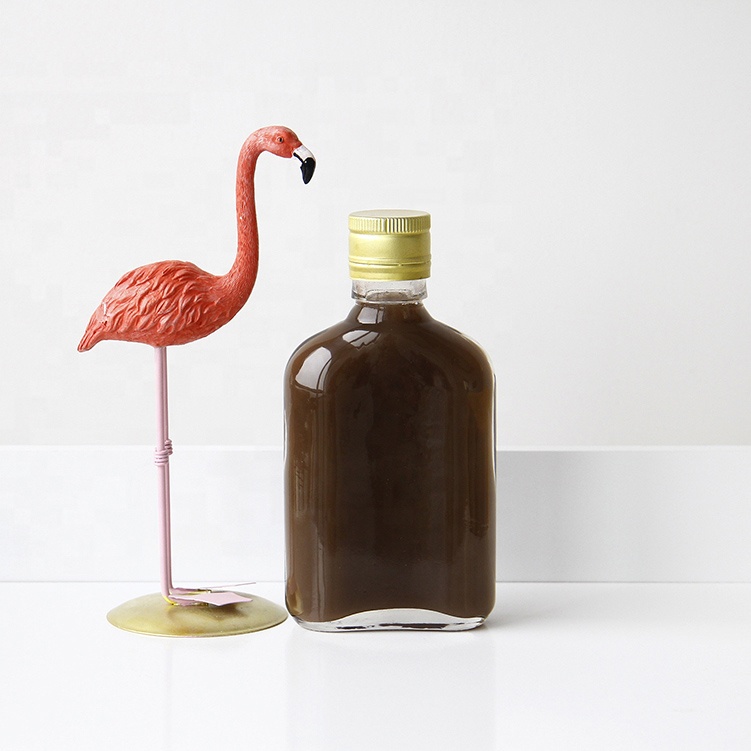 Empty flint 200ml flat glass beverage juice bottle cold brew coffee flask glass bottle with aluminum cap with custo printing