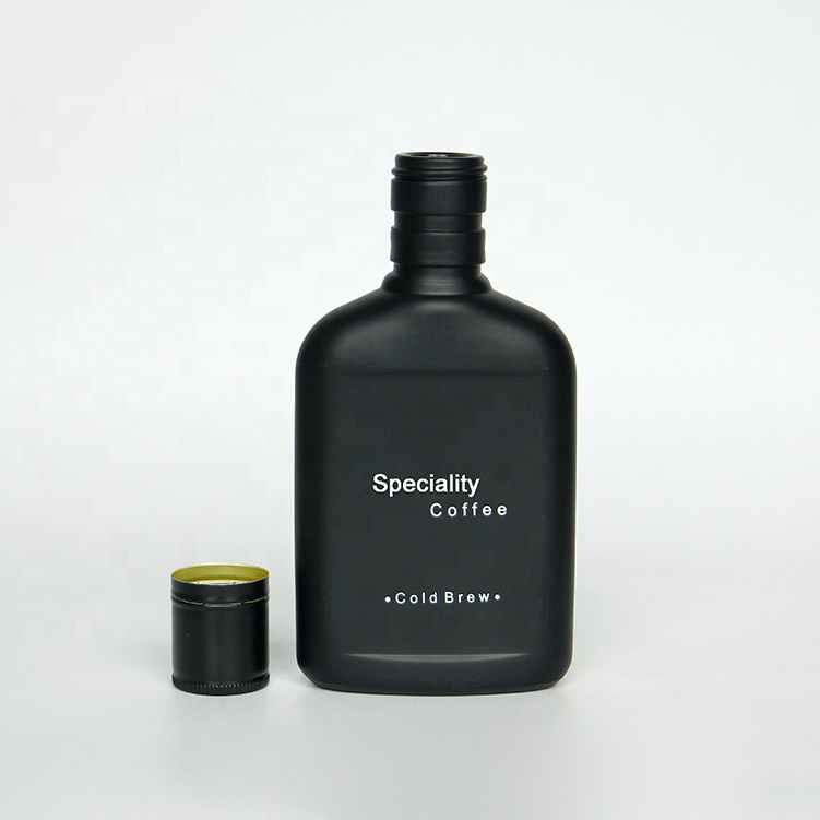 Empty flint 200ml flat glass beverage juice bottle cold brew coffee flask glass bottle with aluminum cap with custo printing