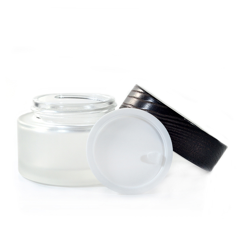 Empty frosted clear 5g 15g 30g 50g 100g  glass cream jar with black bamboo screw lid